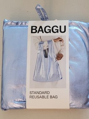 BAGGU Standard Size Metallic Light Blue Reusable Foldable Tote Shopper